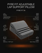Lap support pillow tech specs with dimensions, fill and care icons