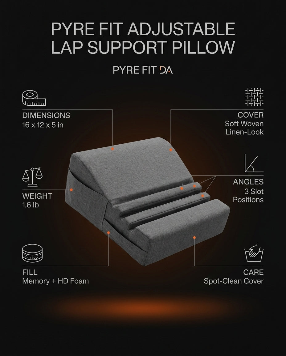 Lap support pillow tech specs with dimensions, fill and care icons