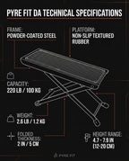 Technical specifications infographic of the footrest with capacity and dimensions
