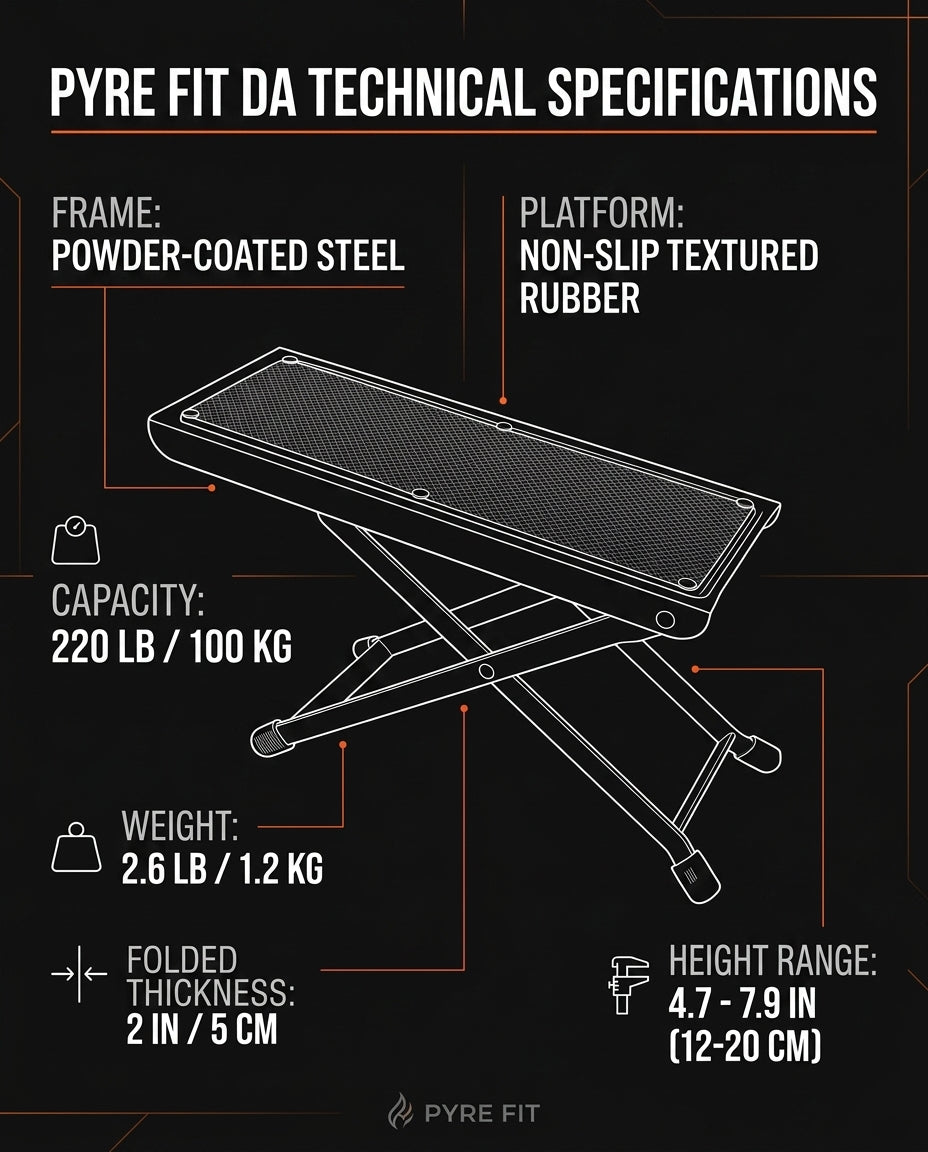 Technical specifications infographic of the footrest with capacity and dimensions