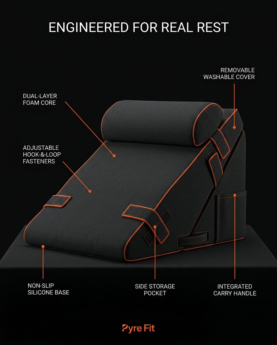 Tech spec diagram labeling foam core, washable cover, fasteners, silicone base and handle