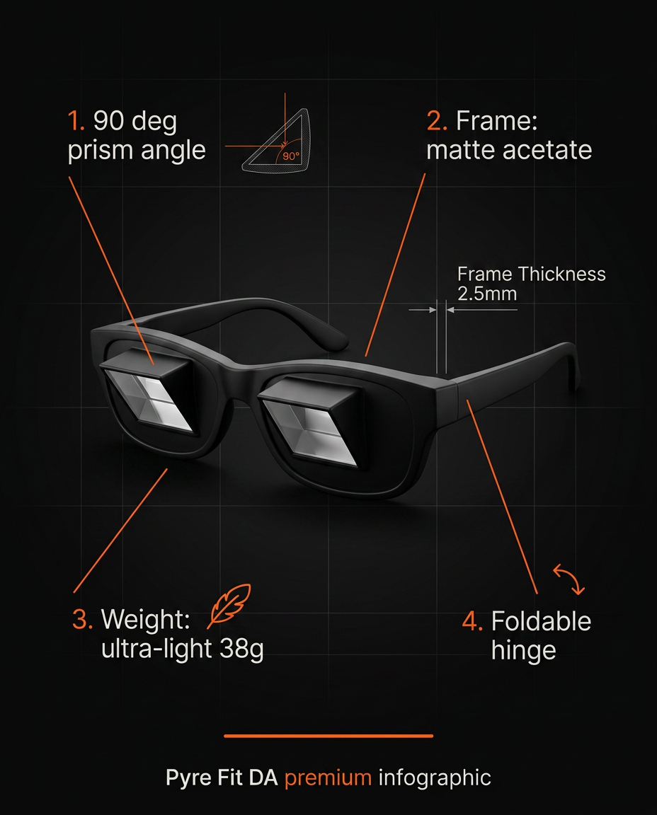 Spec infographic: 90-degree prism, matte acetate frame, 38g weight, foldable hinge