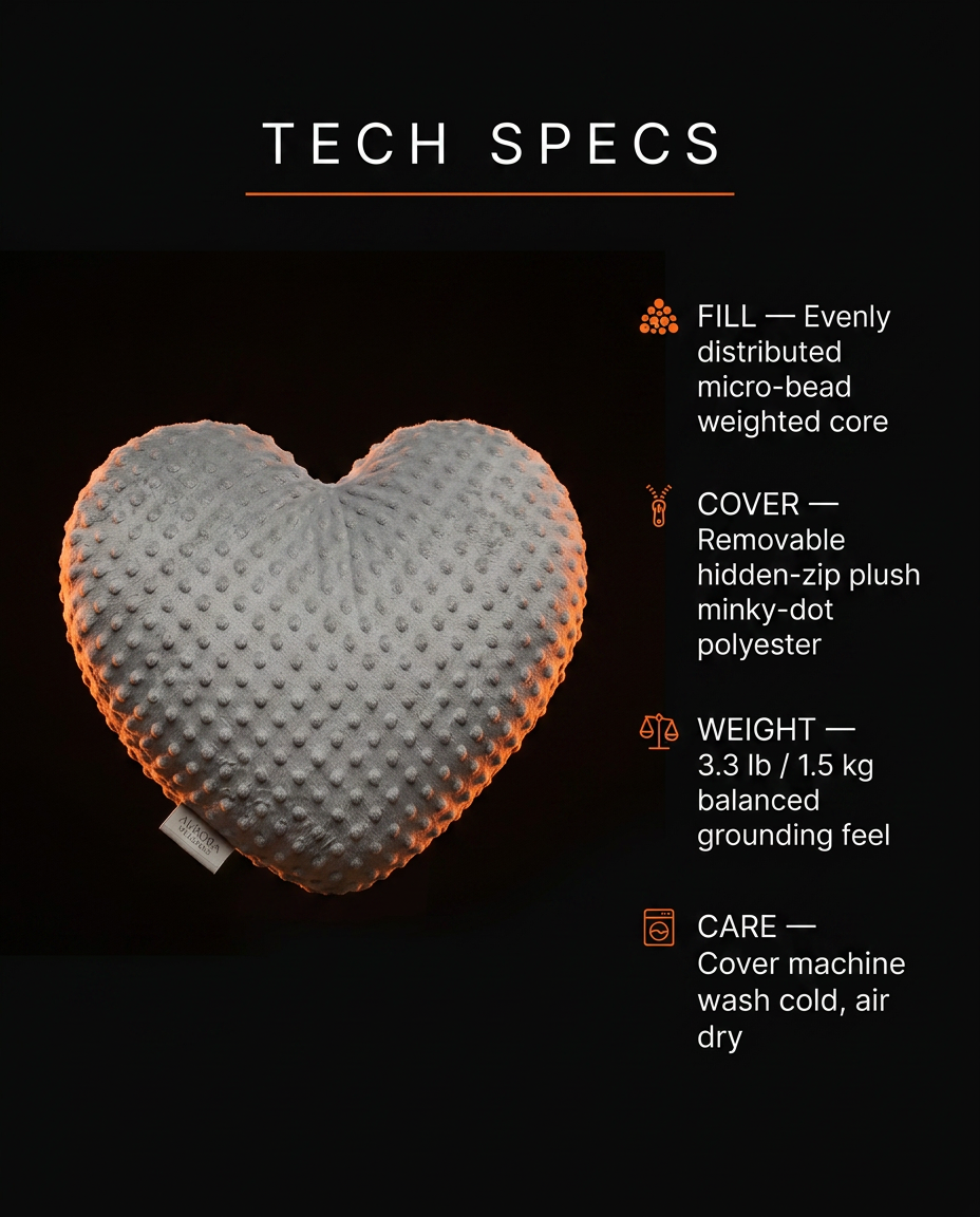 Tech specs infographic detailing fill, cover and weight of the heart cushion