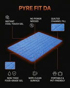 Tech specs infographic of the cooling gel pad with cool-touch and pet-friendly icons