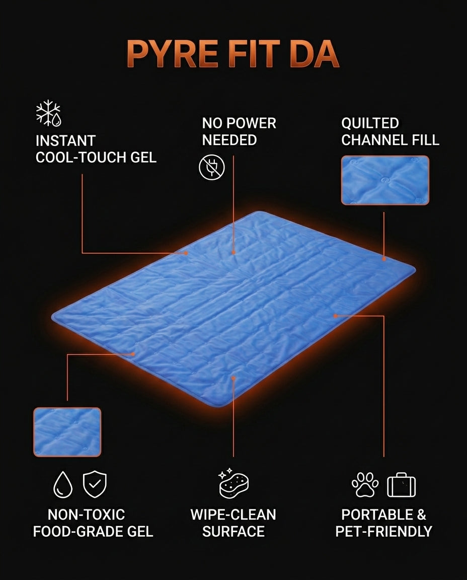 Tech specs infographic of the cooling gel pad with cool-touch and pet-friendly icons