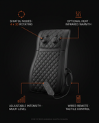 Infographic of the massager's shiatsu nodes, optional heat, adjustable intensity and remote