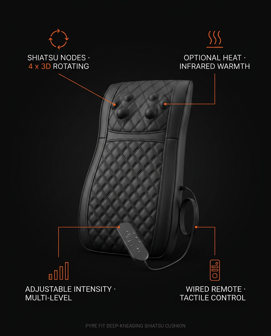 Infographic of the massager's shiatsu nodes, optional heat, adjustable intensity and remote