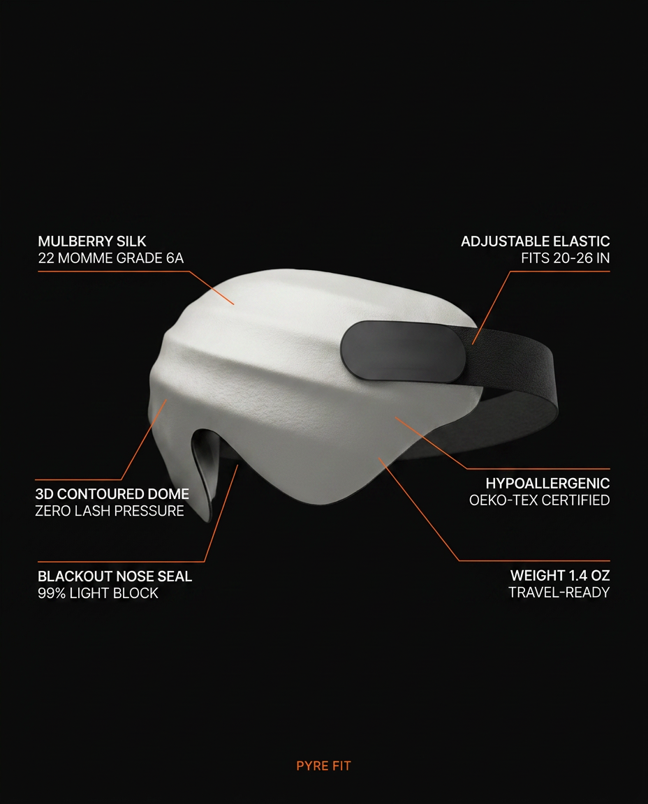 Spec graphic listing the mask's mulberry silk, 3D dome and nose seal