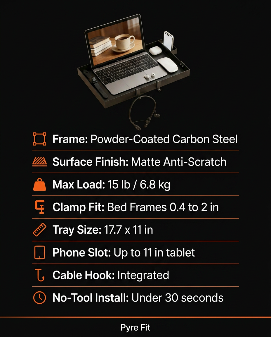 Tech specs infographic listing the bedside tray's steel frame, load and clamp fit