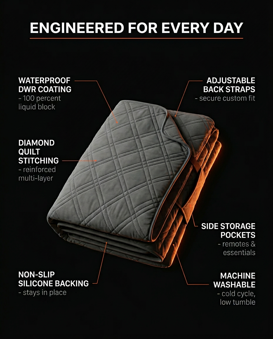 Feature infographic of the waterproof quilted recliner cover details