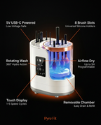 Tech specs infographic of the brush cleaner's USB-C power, slots and rotating wash