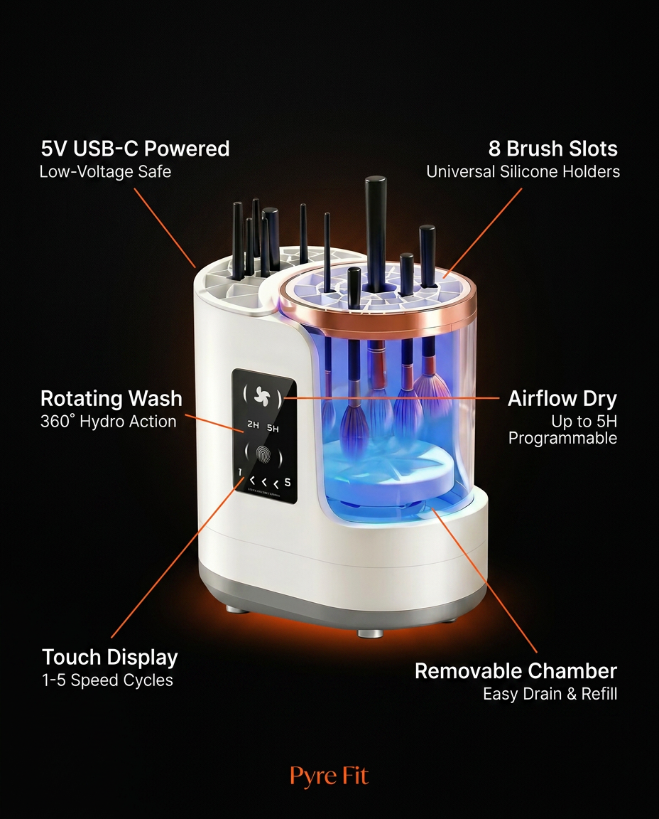 Tech specs infographic of the brush cleaner's USB-C power, slots and rotating wash