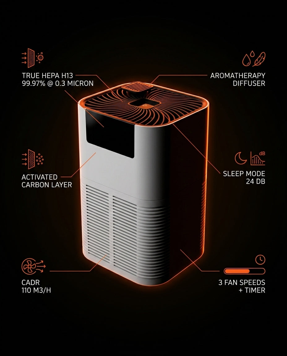 Tech specs diagram of the air purifier with HEPA, carbon and CADR callouts
