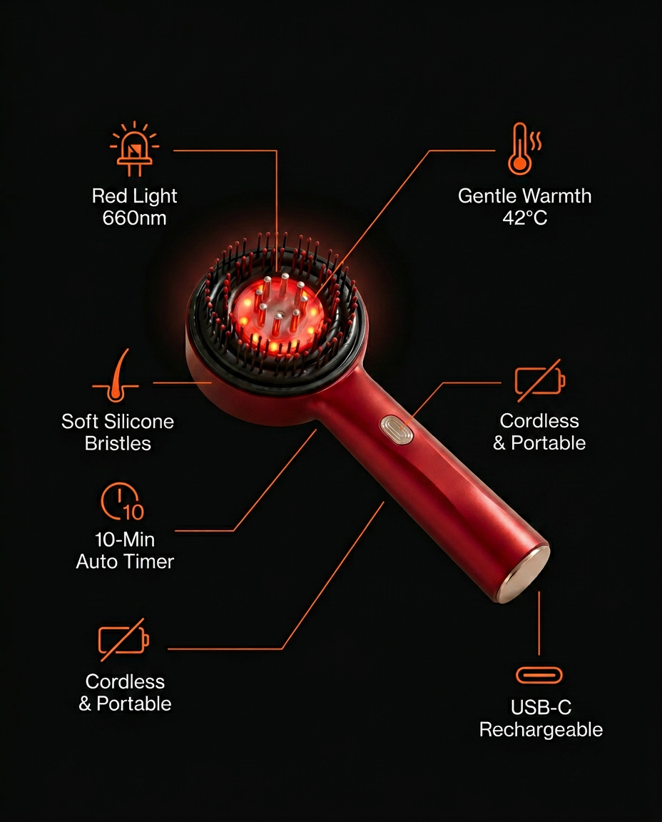 Scalp comb tech specs with red light, gentle warmth and timer features