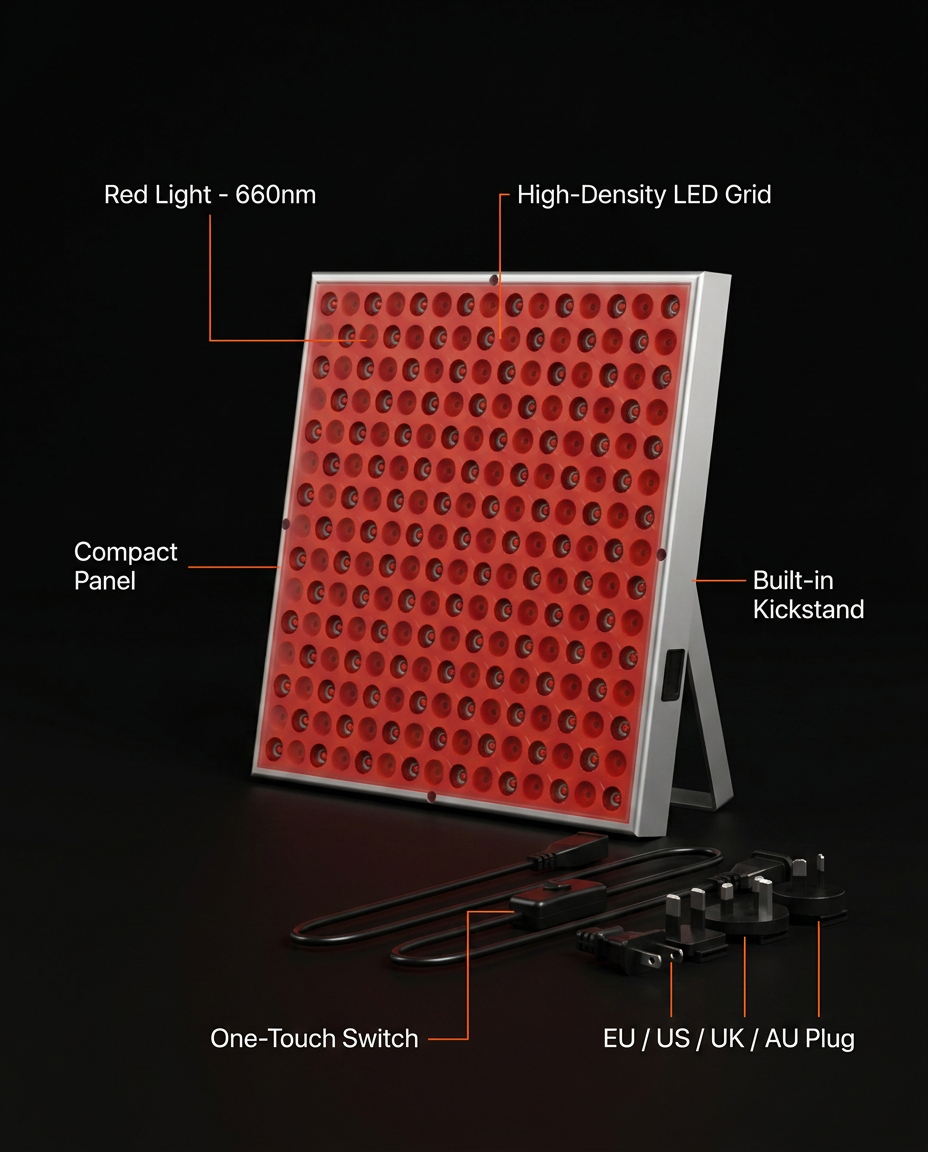 Red light panel infographic noting red light LEDs, kickstand and plug types