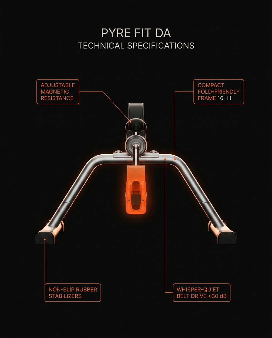 Tech spec graphic of the pedal bike's magnetic resistance and quiet belt drive