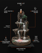 Specs infographic: hand-painted resin, backflow design, 5.1 inches tall