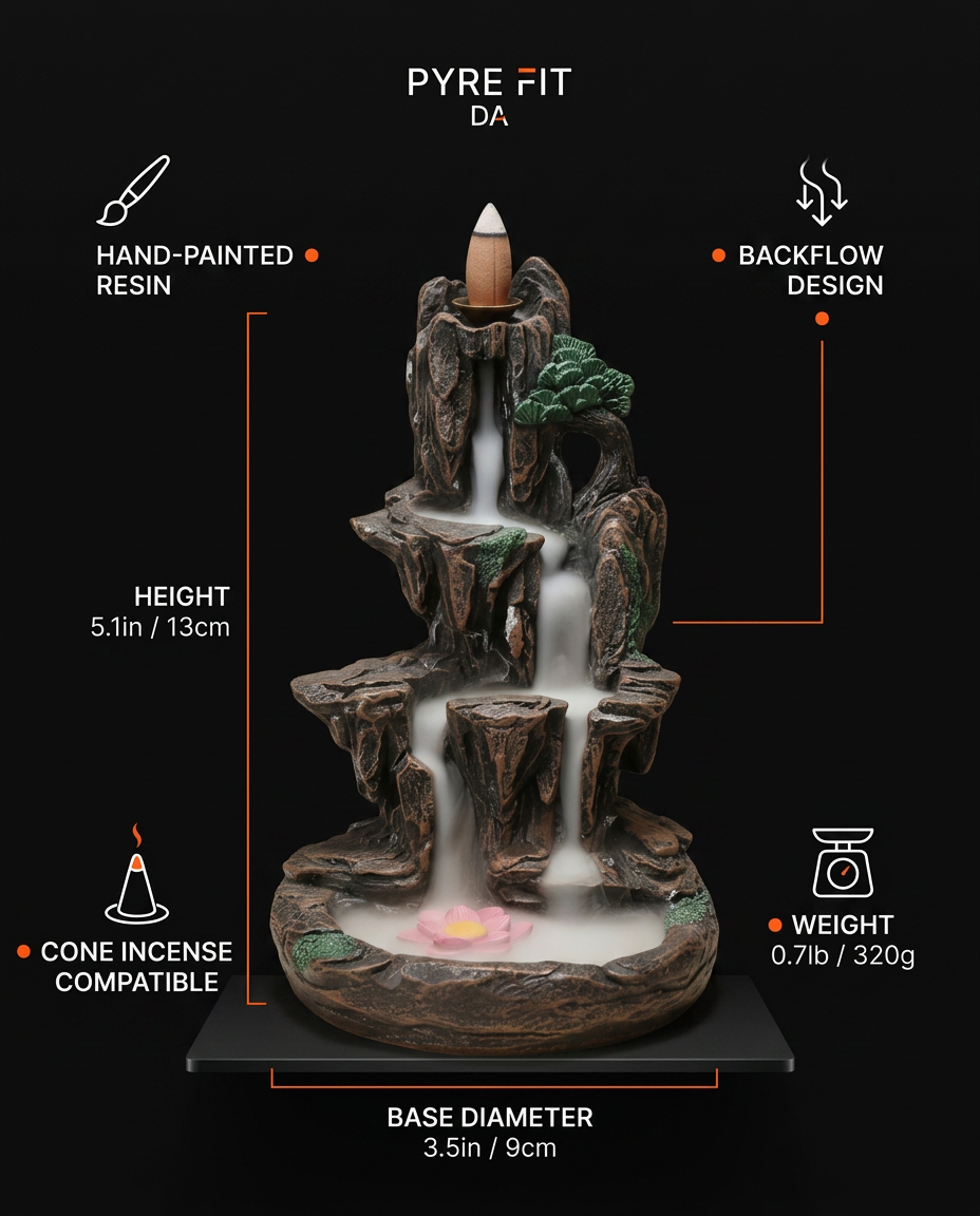 Specs infographic: hand-painted resin, backflow design, 5.1 inches tall