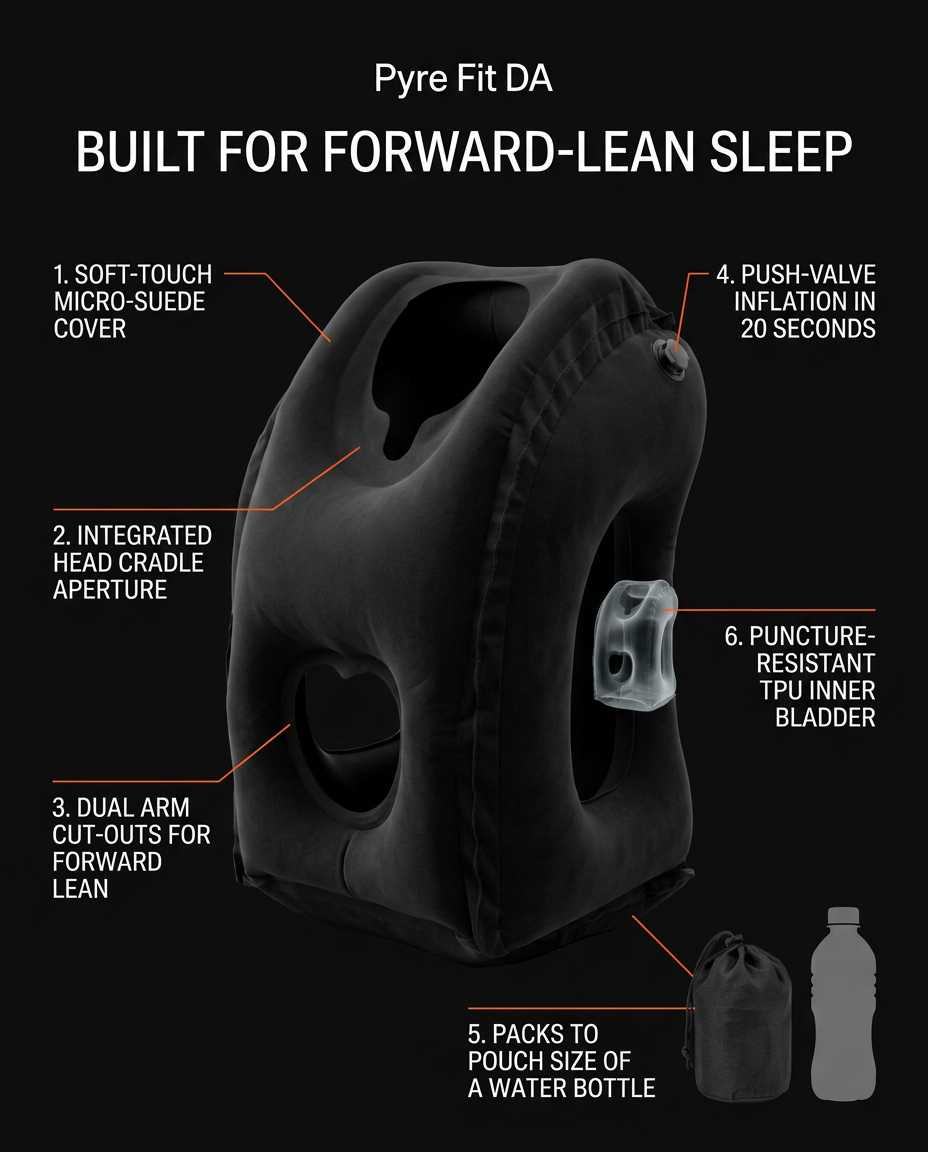 Tech spec infographic of the forward-lean inflatable travel pillow features
