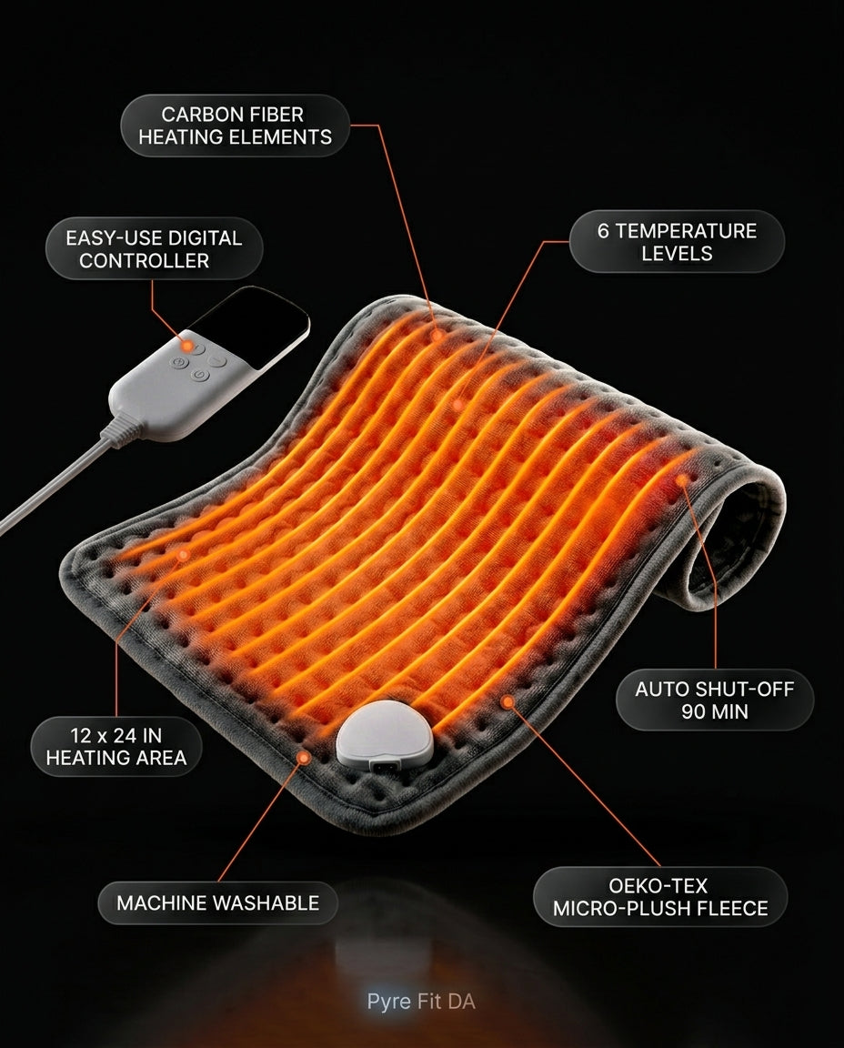 Infographic detailing the heating pad's carbon-fiber elements and six heat levels