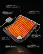 Infographic detailing the heating pad's carbon-fiber elements and six heat levels