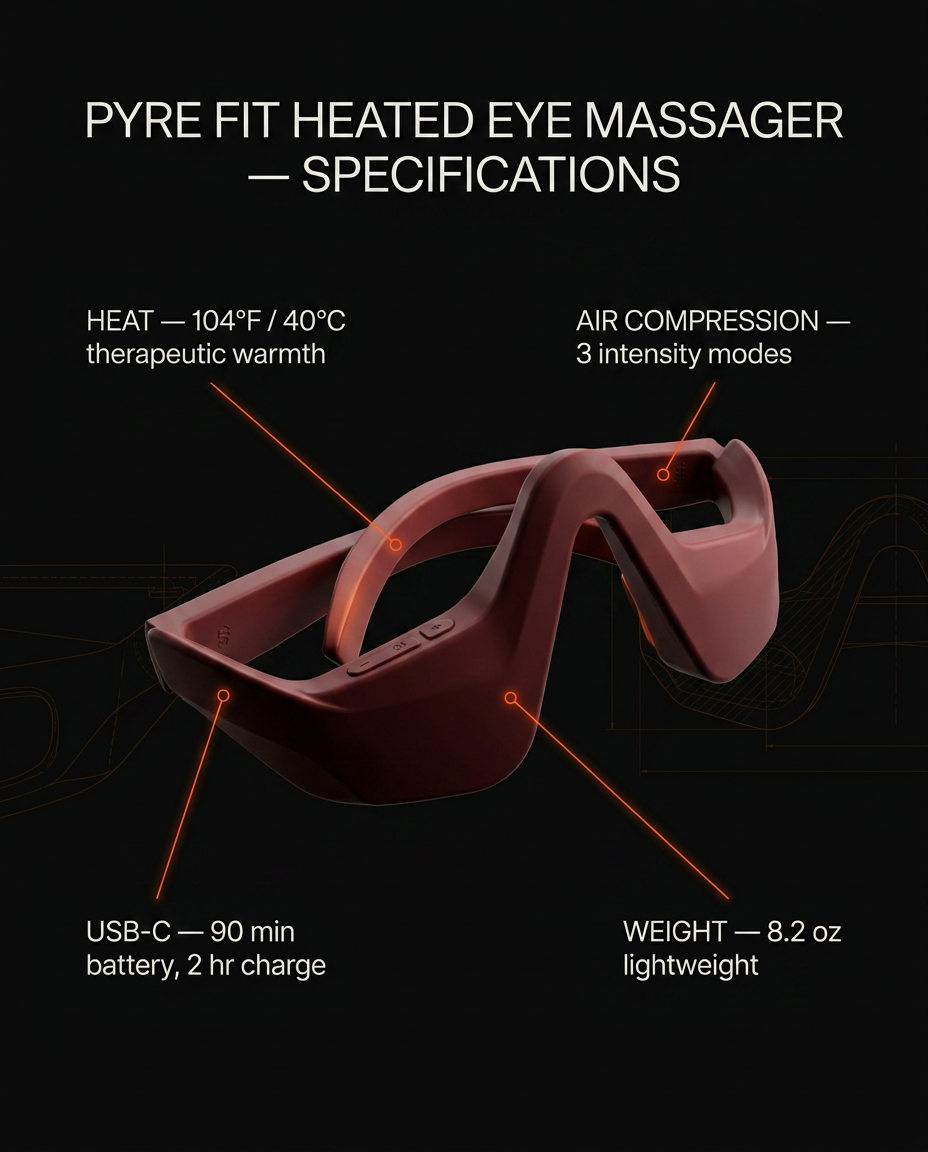 Specifications infographic with heat, compression and USB-C callouts on the eye massager