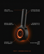 Spec callouts on the scalp brush bristles, oil reservoir, heat and battery
