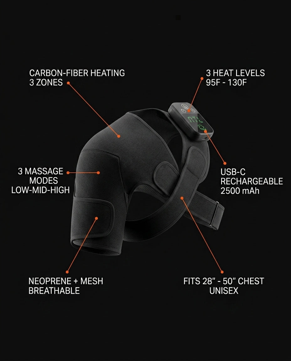 Heated shoulder wrap infographic with carbon-fiber heat, USB-C and fit specs