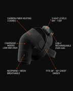 Heated shoulder wrap infographic with carbon-fiber heat, USB-C and fit specs