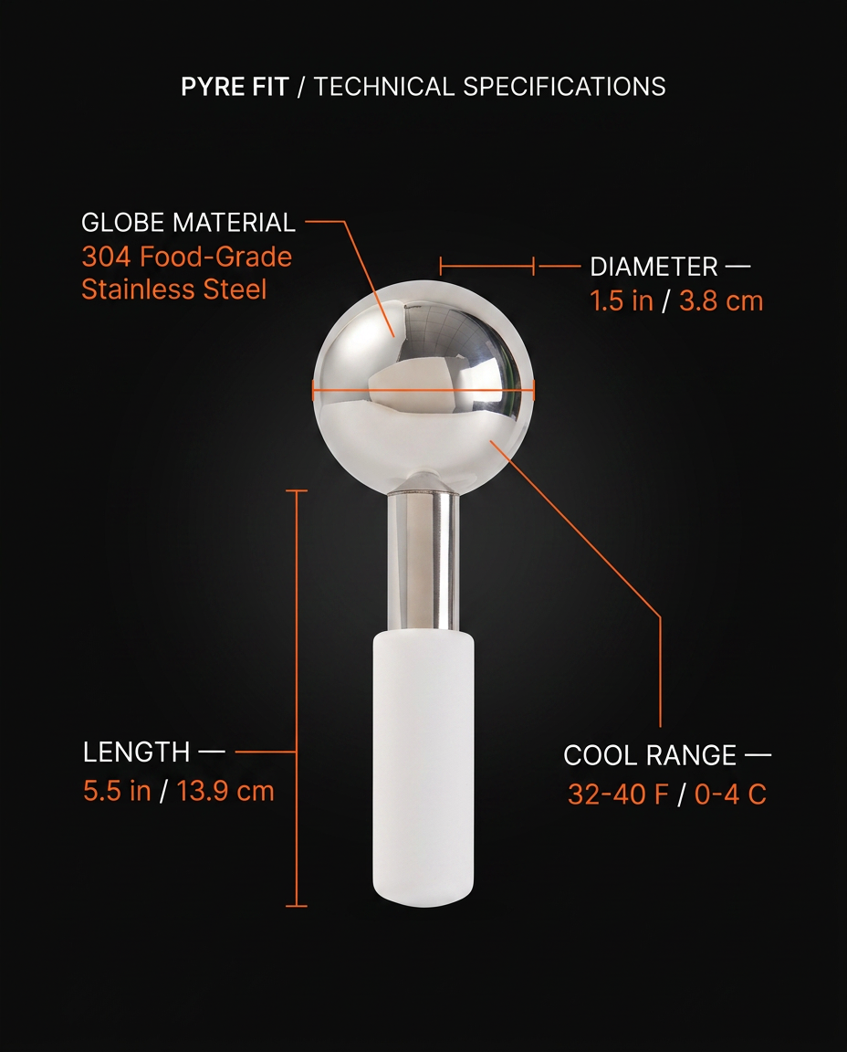 Spec graphic listing the ice globe's stainless steel, size and cool range