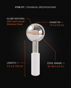 Spec graphic listing the ice globe's stainless steel, size and cool range