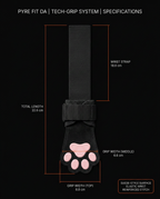 Paw grip tech specs infographic with strap and grip width dimensions