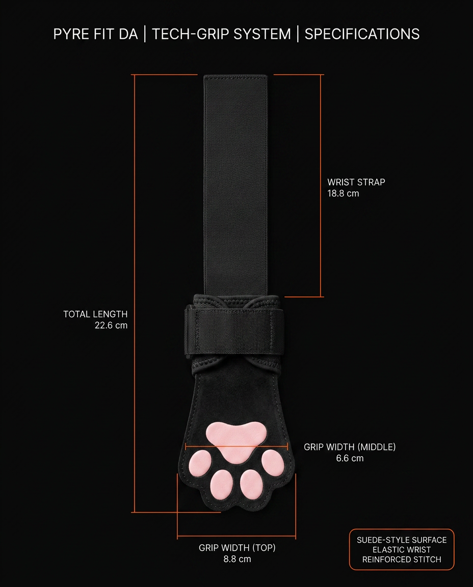 Paw grip tech specs infographic with strap and grip width dimensions