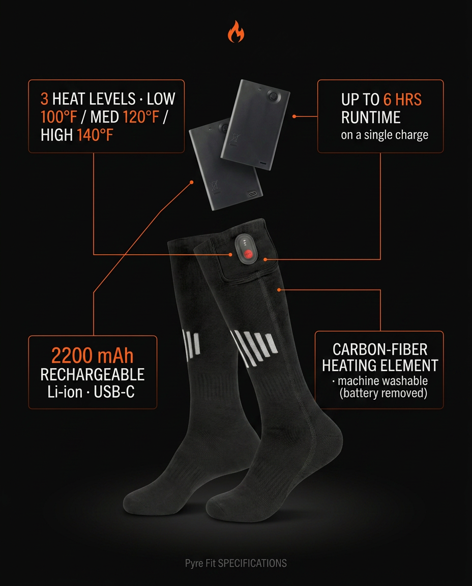 Infographic listing three heat levels, 2200 mAh battery and 6 hour runtime