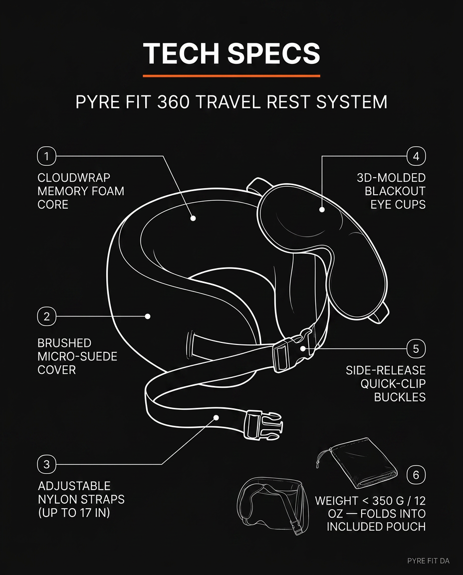 Tech spec diagram labeling the foam core, eye cups, straps and buckles