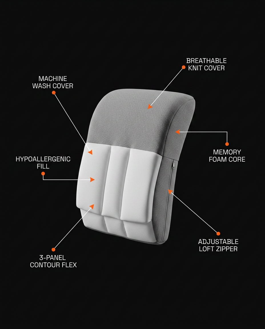 Tech specs of the lumbar cushion: memory foam core and knit cover callouts
