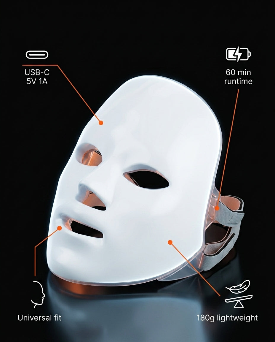 LED face mask tech specs with USB-C, runtime and weight callouts