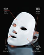 LED face mask tech specs with USB-C, runtime and weight callouts