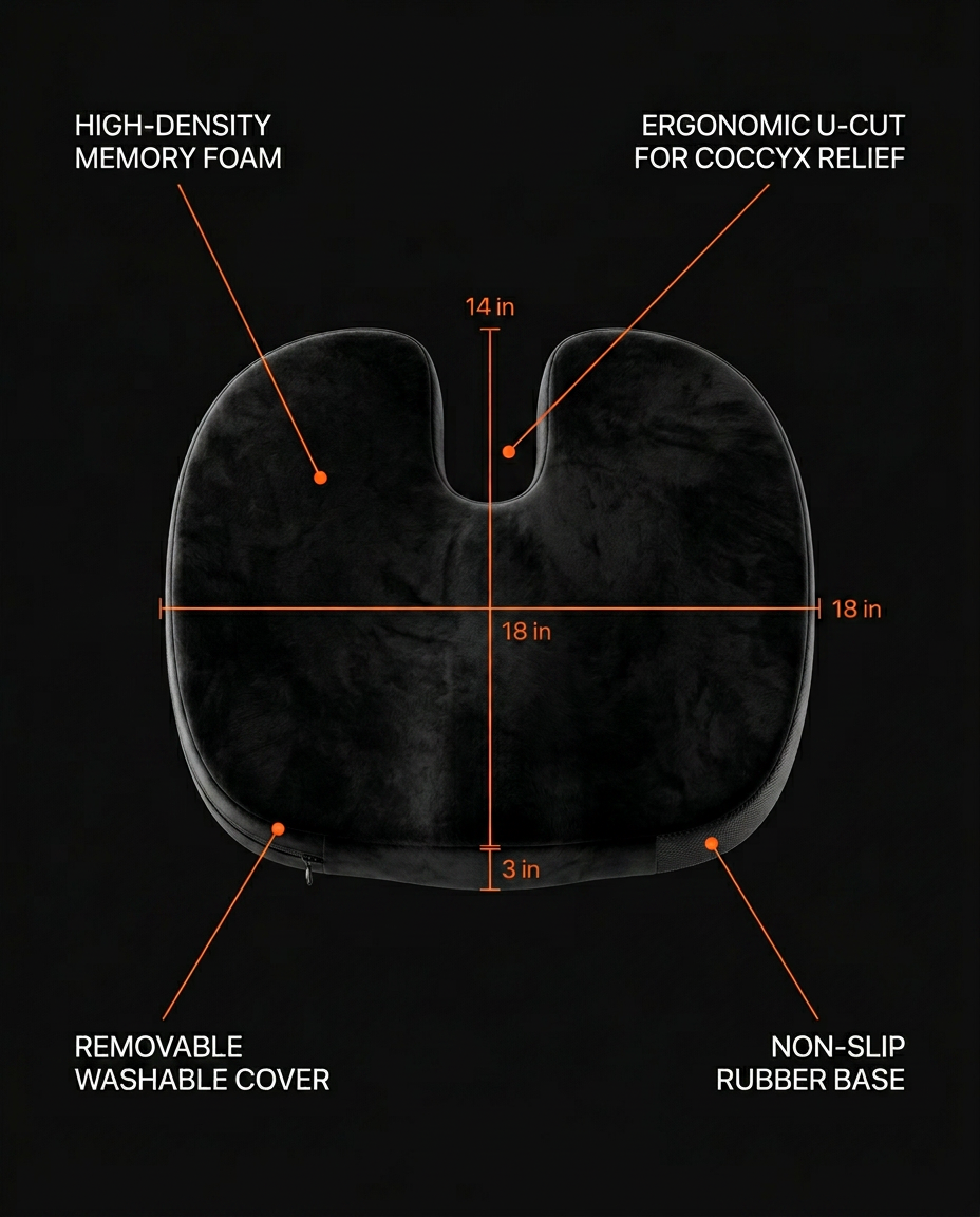 Spec diagram of the seat cushion dimensions, foam core and U-cut relief