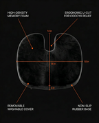 Spec diagram of the seat cushion dimensions, foam core and U-cut relief