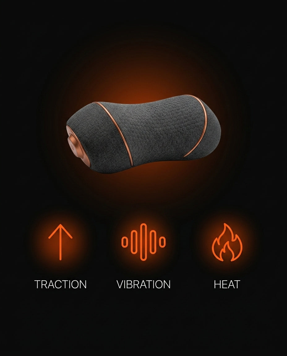 Diagram of the neck pillow's three modes: traction, vibration and heat