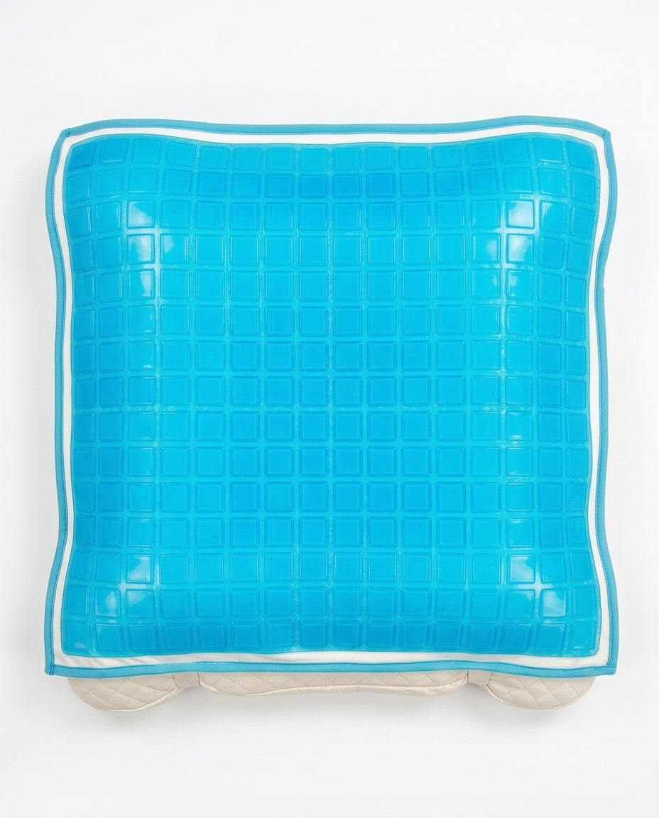 Top-down packshot of the blue gel grid cooling pillow cover on white