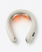 Top-down packshot of beige neck massager with glowing heat pads