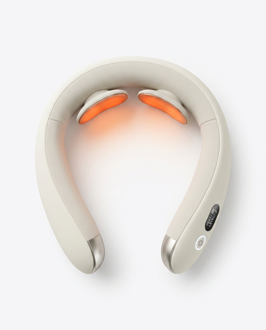 Top-down packshot of beige neck massager with glowing heat pads