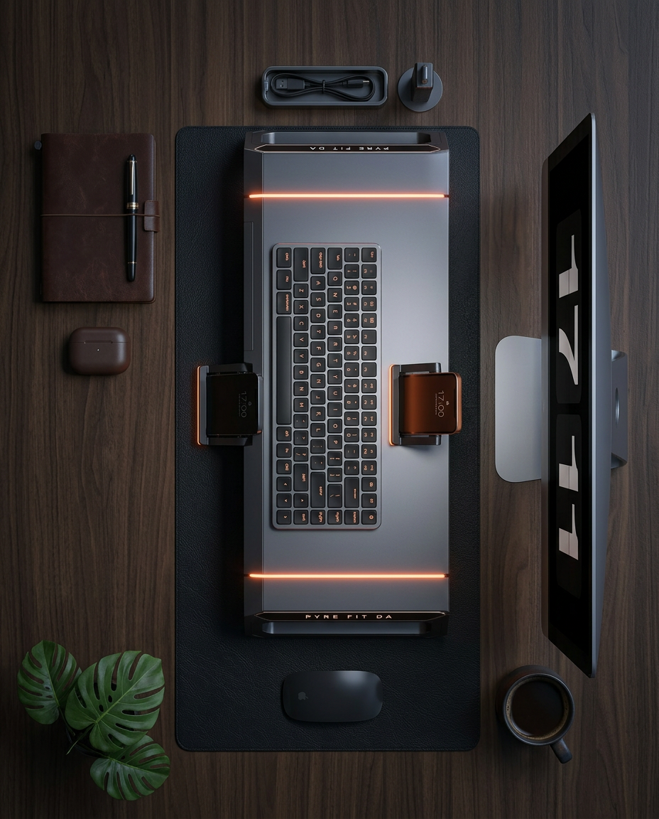 Top-down desk view of a laptop on the RGB monitor stand with orange glow
