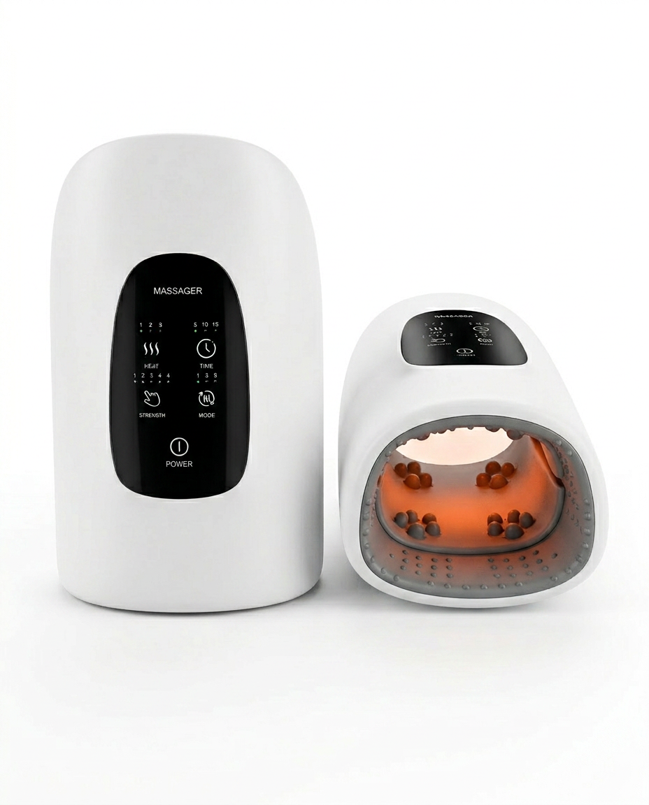 Two white hand massagers paired side by side, one showing heated interior