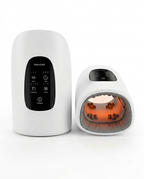 Two white hand massagers paired side by side, one showing heated interior