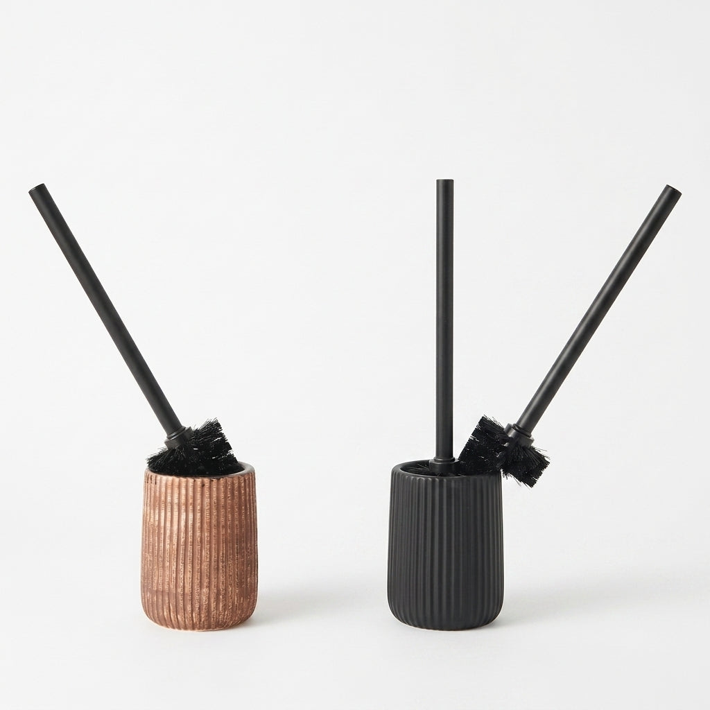 Brown and black ribbed toilet brush holders side by side on white