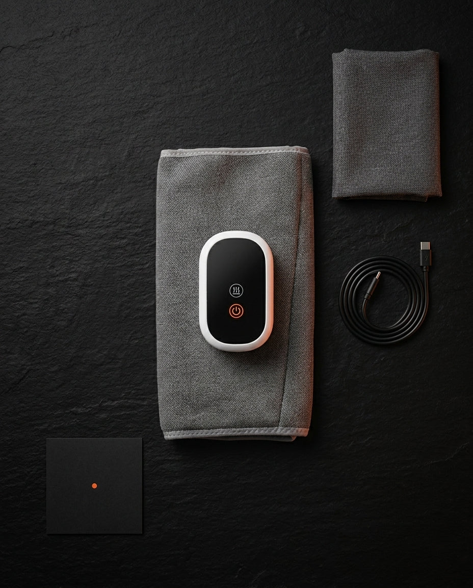Unboxing flatlay with grey calf wrap, control pod, USB-C cable and pouch