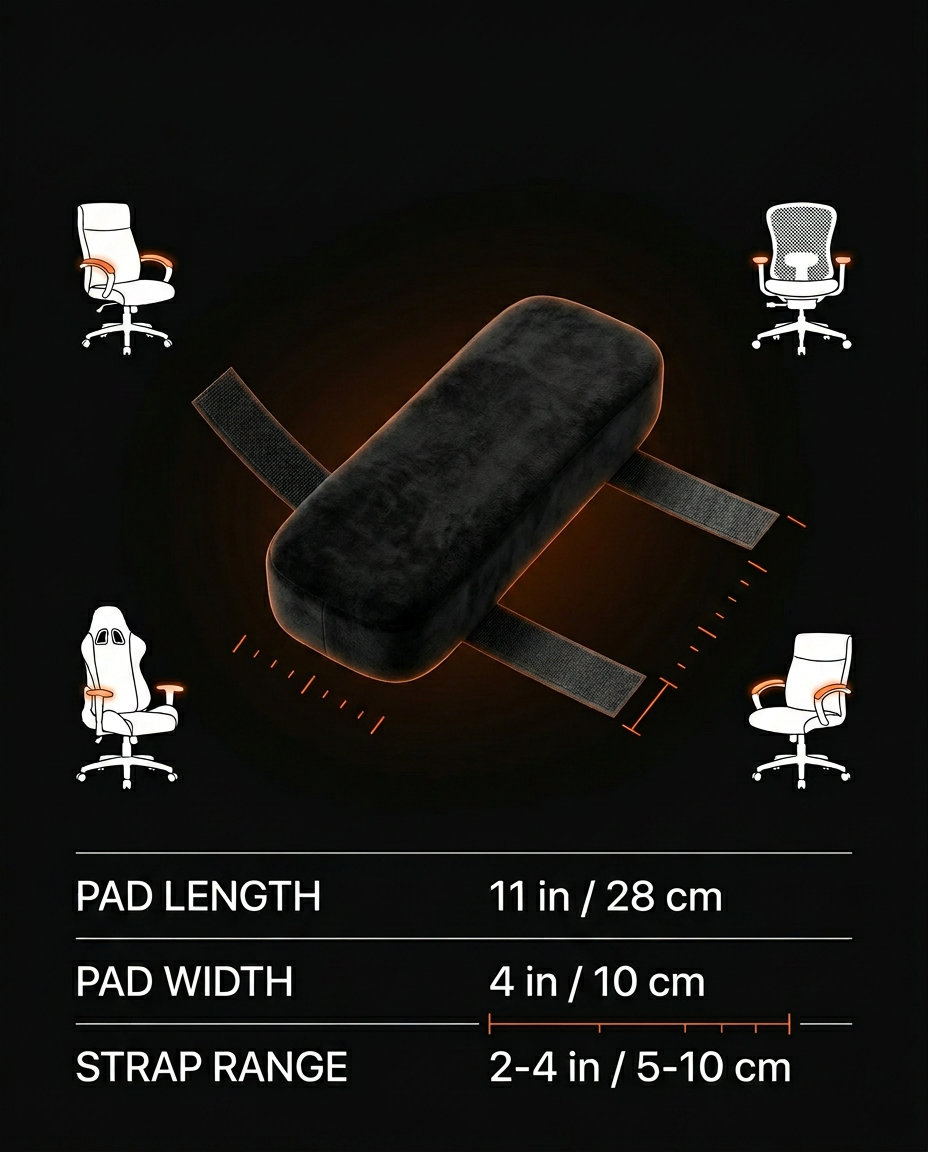 Universal fit infographic showing the armrest pad on various chairs
